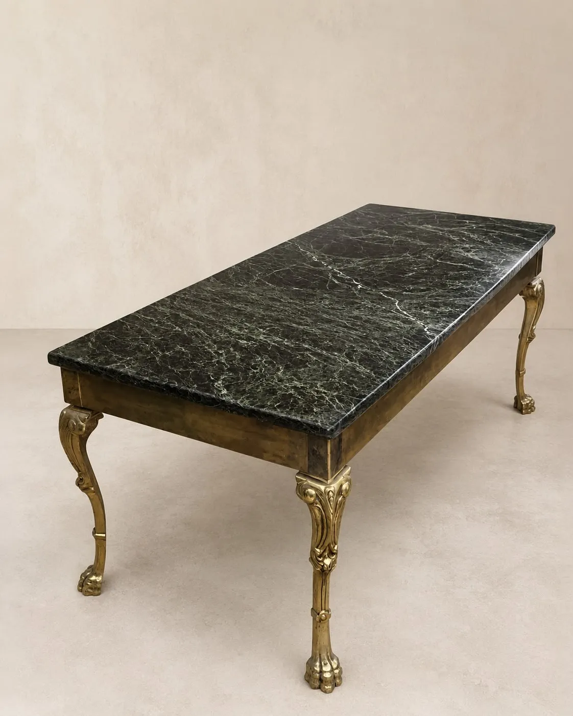 Mesa de centro de bronce y mármol verde de los años 70