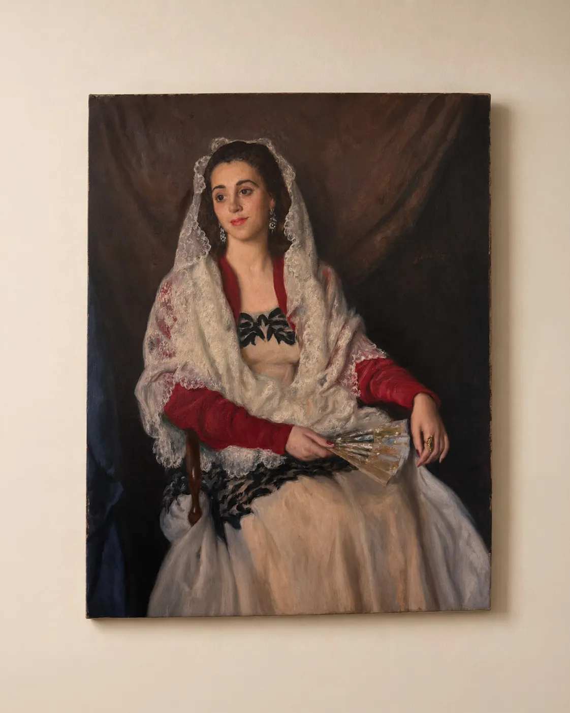 Retrato al óleo de mujer de gran formato, principios del siglo XX